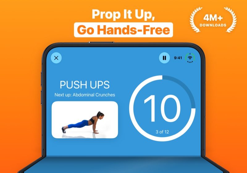 iPhone Duo half folded and standing on its own, showing the 7 Minute Workout timer and exercise video