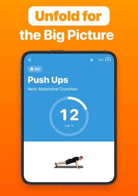 7 Minute Workout push ups interval on the unfolded inner screen of iPhone Duo