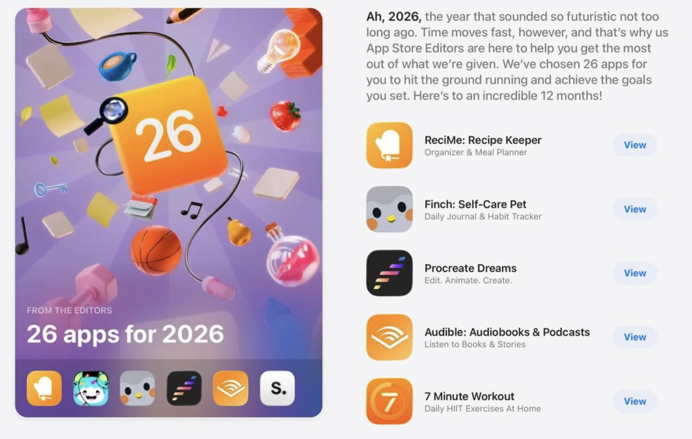 Apple App Store Editors list for 26 apps for 2026 showing 7 Minute Workout