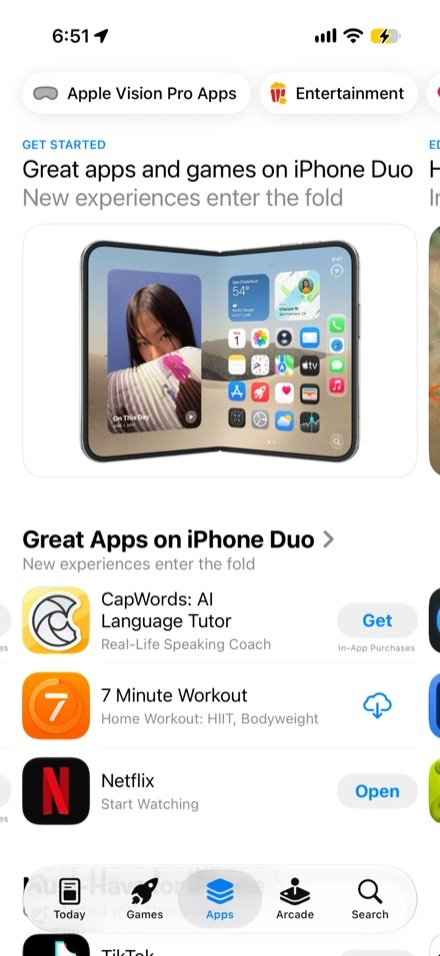 App Store Apps tab showing the Great Apps on iPhone Duo shelf with 7 Minute Workout listed between CapWords and Netflix