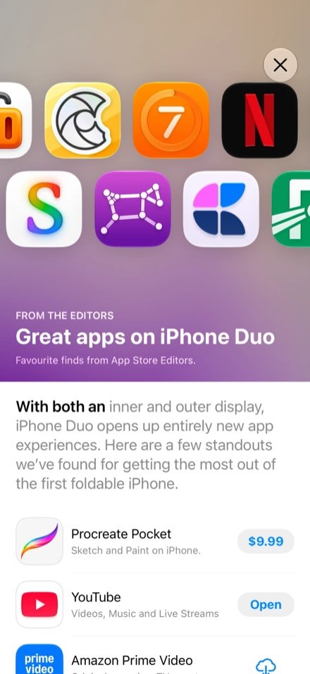 App Store From the Editors story titled Great apps on iPhone Duo, with the 7 Minute Workout icon in the header artwork