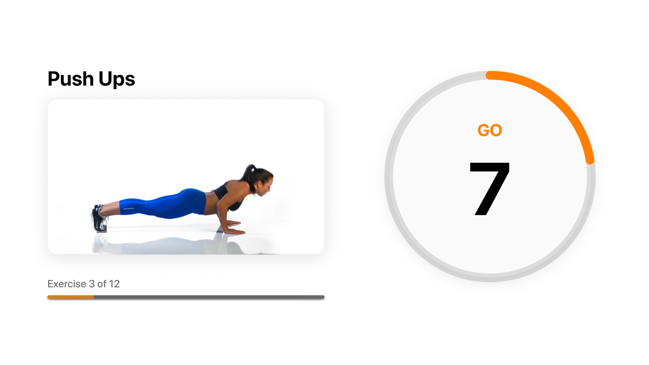 A Push Ups exercise in progress on Apple TV, with a countdown timer showing 7 seconds left and exercise 3 of 12