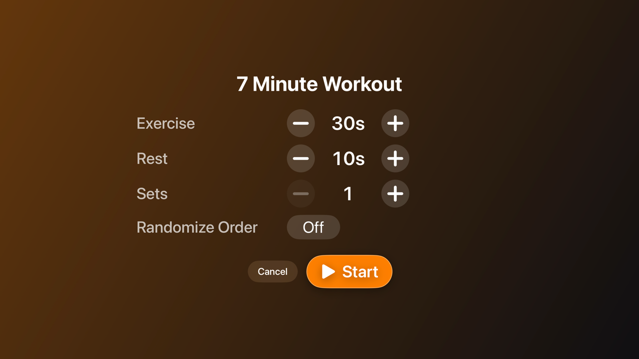 The Apple TV settings screen for customizing exercise duration, rest time, sets, and randomize order