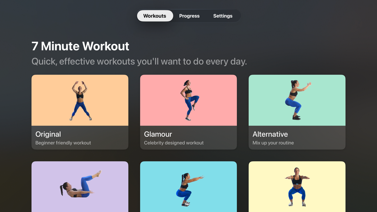 The Workouts tab on Apple TV, showing colorful cards for the Original, Glamour, and Alternative 7 Minute Workout routines