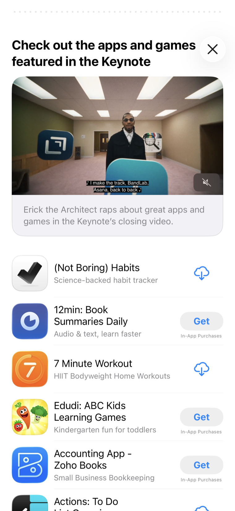 App Store story for apps and games featured in Apple's WWDC26 Keynote, listing 7 Minute Workout
