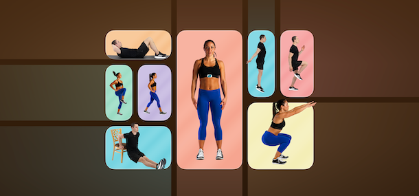 App Store feature artwork for 7 Minute Workout showing a cluster of exercise photos including squats, lunges, and chair dips